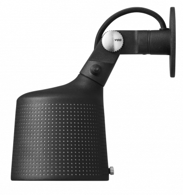 Schwarzer Vipp Wandspot mit perforiertem Lampenschirm und verstellbarem Arm für flexible Beleuchtung im Innenbereich.